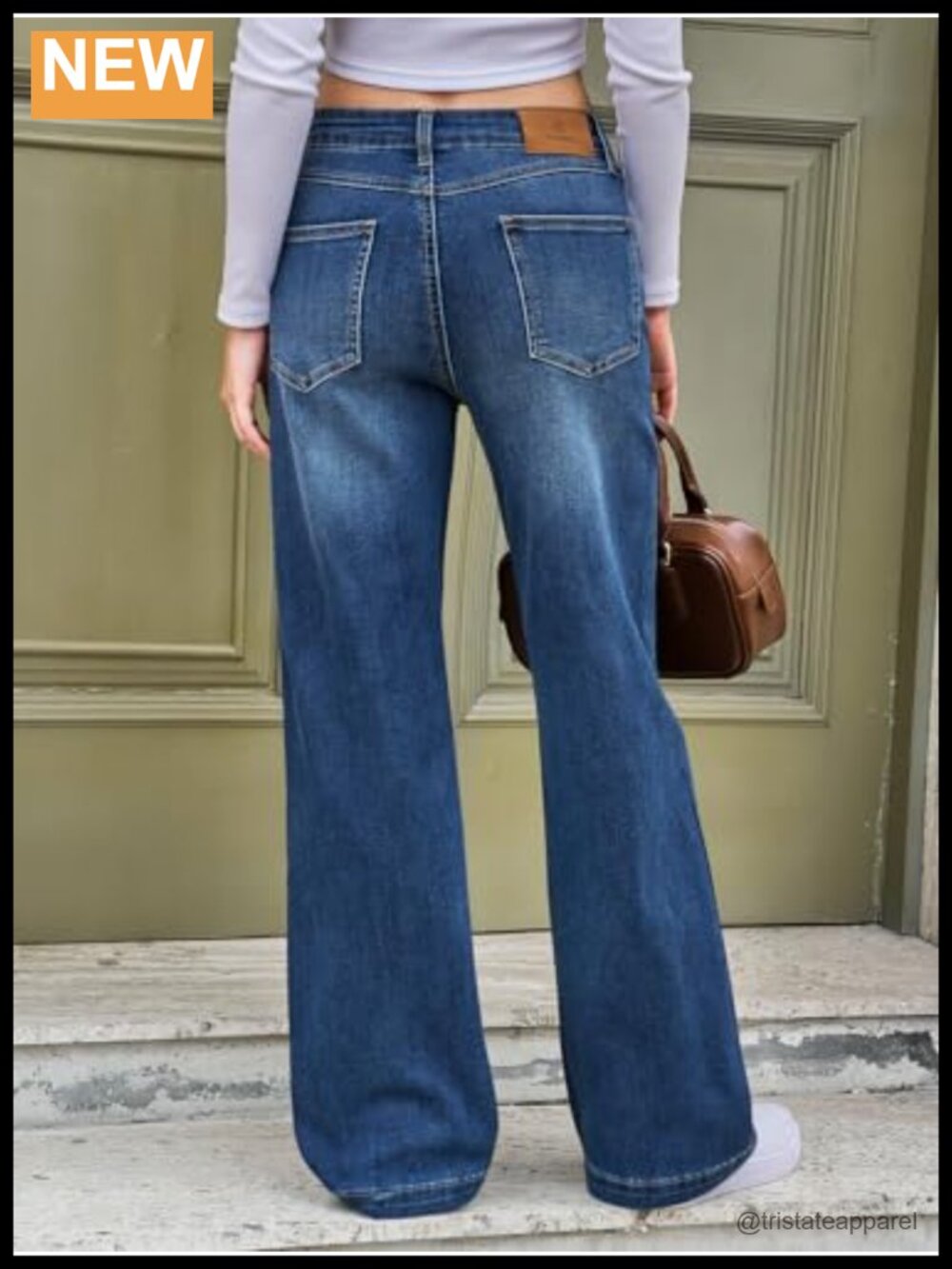 High Waisted Wide Leg Baggy Jeans with Pockets Front Seam Stretch Denim - Picture 2 of 6